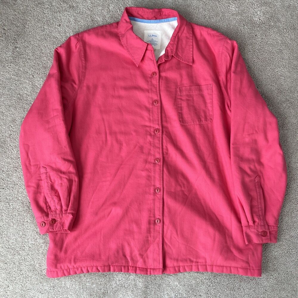 LL Bean Jacket Womens XL Pink Fleece Lined Button Shacket Barn Chore Lightweight